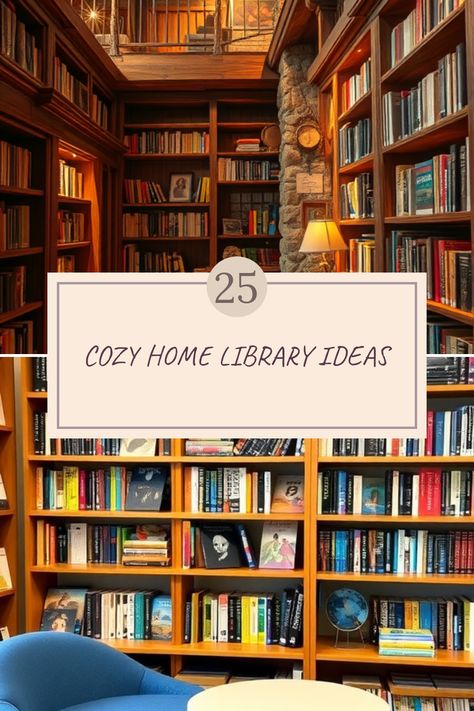 A collection of two images showing a cozy rustic home library with wood and stone features, plus a stylish themed library space featuring neat bookshelves, a blue chair, and a round table. How To Make Library At Home, Home Library Aesthetic Cozy, Home Library Seating Ideas, Small In House Library, Cozy Green Library, Small Space Library Ideas, Home Library Small Space, Library Corner Living Room, Home Book Library