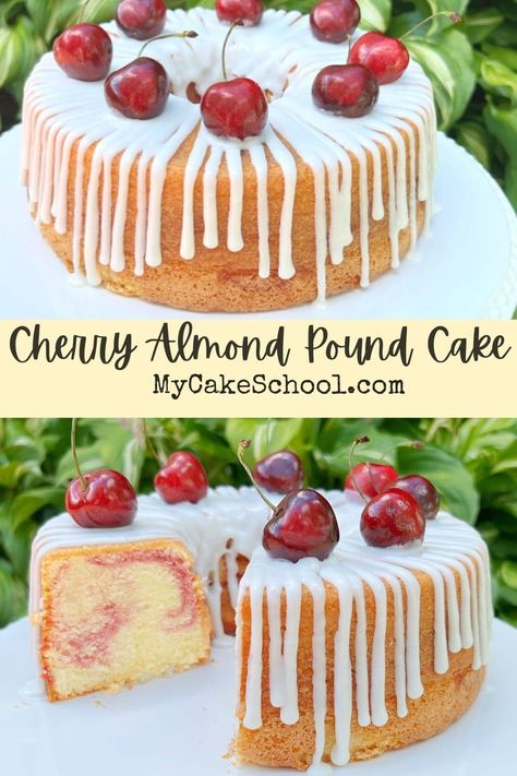 Cherry Almond Pound Cake - My Cake School Almond Pound Cake Recipe, Cherry Pound Cake Recipes, Cherry Pound Cake, Almond Coconut Cake, Cake Hello Kitty, Almond Pound Cake, Cherry And Almond Cake, My Cake School, Southern Cake