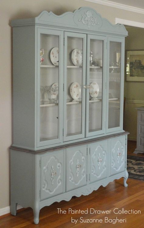 The Vintage Bassett China Cabinet - Before and After - The Painted DrawerThe Painted Drawer Blue China Cabinet, China Cabinet Redo, China Cabinet Makeover, Painted China Cabinets, General Finishes Milk Paint, Grey Dining Room, Painted Drawers, General Finishes, Bassett Furniture