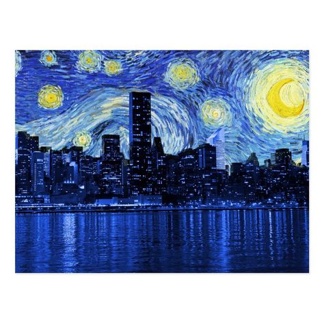 Personalized Postcards - Starry Night Over New York City; 8 Postcards - Zazzle Custom Postcards. #beautiful #art #draw #digitalart #gallery #illustration #paint #drawing #abstract #color #popart #watercolor #artworks #galleryart #graphicart Starry Night City, Starry Night Inspired Art, New York Postcard, Easy Dragon Drawings, Vincent Willem Van Gogh, New York Painting, Medusa Art, Starry Night Art, Paint Inspo