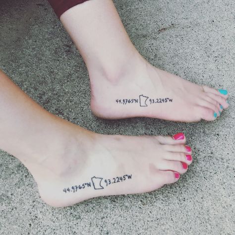 Coordinate tattoos my sister and I got #tattoos #minnesota Mn Tattoo, Minnesota Flower Tattoo, Small Minnesota Tattoo, Minnesota Vikings Tattoo, Home Coordinates Tattoo, Minnesota Tattoo Ideas, Minnesota Themed Tattoos, Minnesota Outline Tattoo, Hometown Tattoo