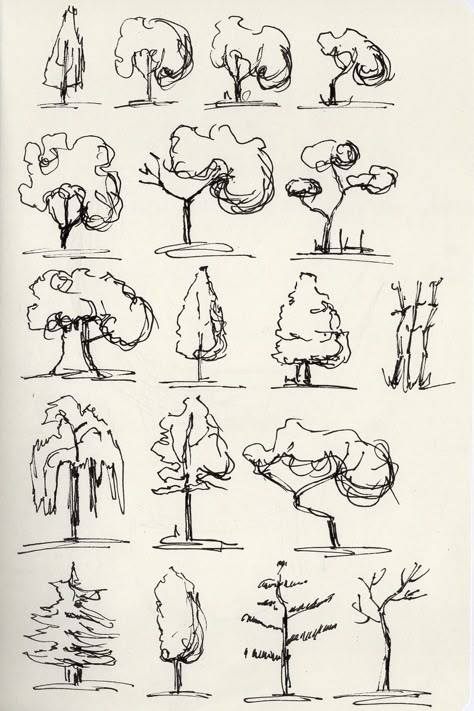 Sketches of 15 different tree styles demonstrating various techniques and approaches to tree drawing. Art Sketches Tips, Sketching Simple Ideas, How Draw Tree, Tree Doodle Drawing, Beginner Sketches Ideas, Drawing Improvement Tips, Art Beginners Drawing, Starting To Draw, 2d Tree Design