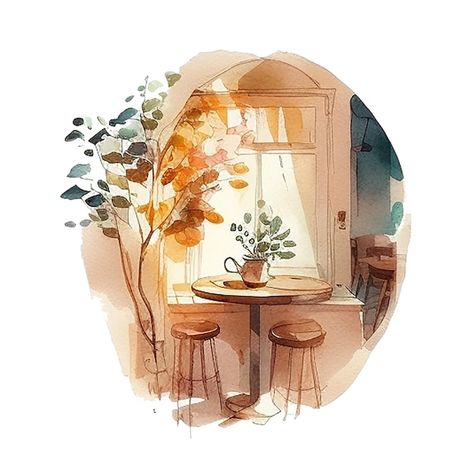 Photo watercolor illustration of cafe pl... | Premium Photo #Freepik #photo #watercolor-city #old-town #restaurant-wall #street-cafe Coffee Shop Watercolor, Cafe Watercolor, Watercolor Painting Easy, Street Cafe, Cafe Sign, Watercolor City, Art Attack, Watercolor Art Lessons, Cozy Interior