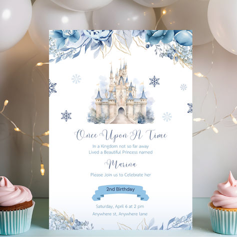 Once Upon A Time Invitations, Castle Birthday Invitation, Fairy Tale Party, 2nd Birthday Invite, Castle Birthday, Fairytale Party, Winter Birthday Parties, 1st Birthday Party Invitations, Blue Invitation