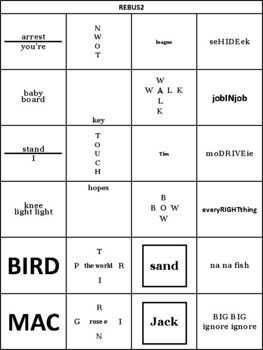 10 pages of Rebus Puzzles10 pages of Answer Keys to Rebus Puzzlesunique in that each page introduces a new type of rebus puzzle and then these types keep appearing sometimes more difficult or mixed with other types but always in the same column so students can recognize the patterns*the last 2 rows introduce a new skill except on page 1 (all are new) and page 10 (review)Great for teaching students how rebus puzzles work Rebus Puzzles With Answers Free Printable, Word Puzzles For Adults, Rebus Puzzles For Kids, Rebus Puzzles With Answers, Word Puzzles Brain Teasers, Word Brain Teasers, Birthday Event Ideas, Rebus Puzzles, Critical Thinking Activities