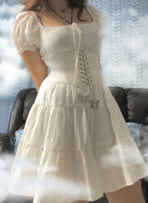 Angel Dress Aesthetic, Dress With Corset On Top, White Dress Corset, Corset Dress Casual, Dress And Corset Outfit, White Corset Outfit, Corset Dress Short, Aesthetic White Dress, White Dress Aesthetic