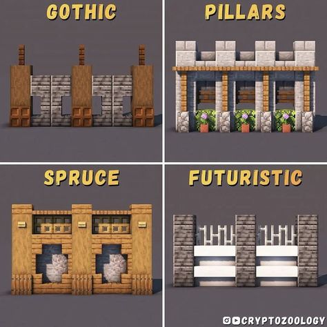 Minecraft Houses With Tutorial, Minecraft Gate Ideas, Minecraft Pillar Designs, Minecraft Wall Ideas, Minecraft Wall Design, Minecraft Zoo Ideas, Minecraft Wall Designs, Minecraft Steampunk, Minecraft Wall