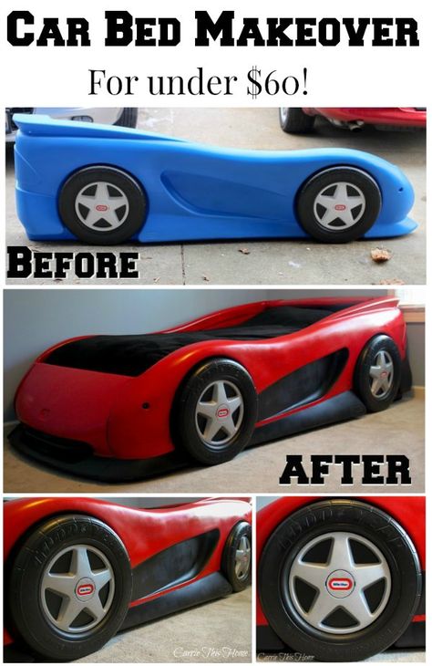 Love this!  Transform a regular car bed into something epic with this easy DIY Car Bed Makeover for Under $60 Truck Bed Ideas, Man's Bedroom, Race Car Bedroom, Kids Car Bed, Race Car Bed, Bed Makeover, Paint Tutorial, Cars Room, Car Bedroom