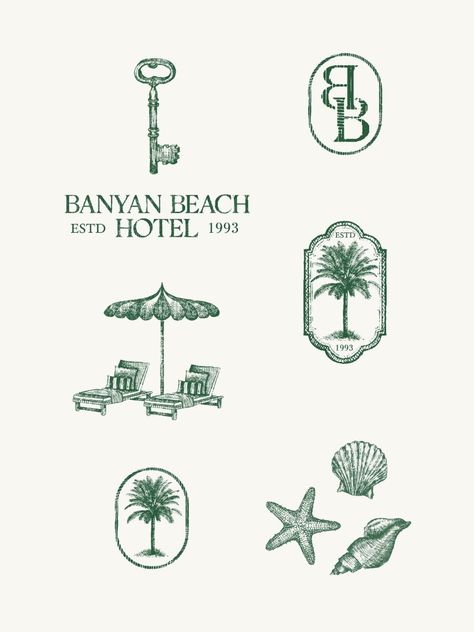 Banyan Beach Hotel - Hand-drawn vintage logo set logoroom #logoguide #logoshop #logosticker🔻. Logo Design Women, Antique Logo, Beach Logo, Boutique Logo Design, Flower Logo Design, Logo Unique, Hotel Logo, Vintage Hotels, Golden Goddess