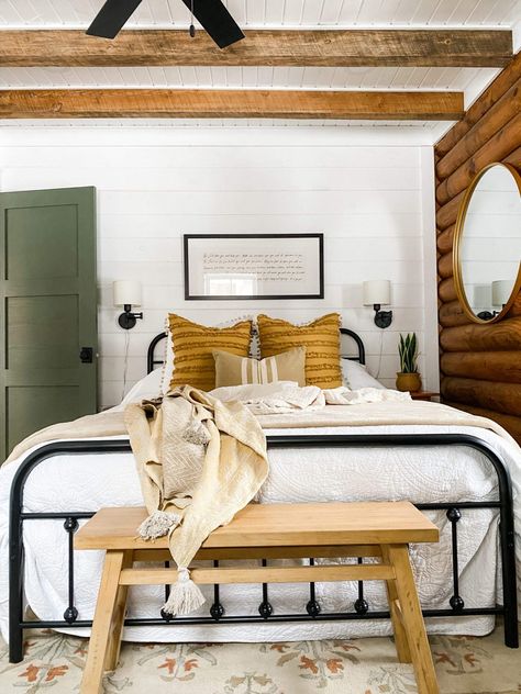 The Cabin at Wildwood | the restoring house Simple Cabin Furniture, Minimalist Airbnb Bedroom, Cozy Cabin Basement, Cozy Cabin Color Scheme, Log Cabin Design Ideas, Log Cabin Airbnb, Log House Interior Design, Lodge House Interior, Boho Cabin Bedroom