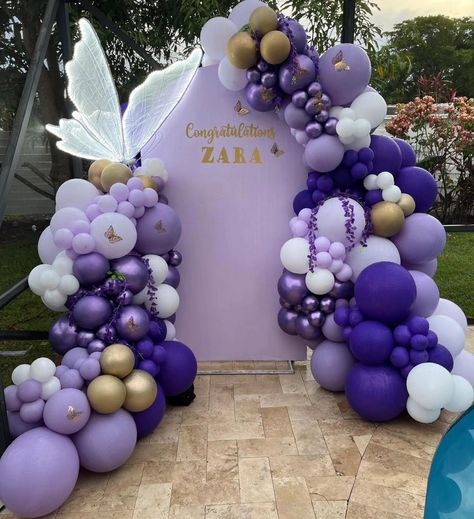 Blue Purple And Gold Balloon Arch, Purple Theme Birthday Party Decoration, Lavender And Gold Balloon Arch, Purple Theme Birthday, Purple And Gold Balloons Entry, Purple Butterfly Balloon Garland, Metalic Purple Balloon Garland, Butterfly Birthday Decorations, Lavender Birthday