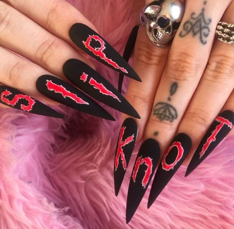 Slipknot Nails Acrylic, Slipknot Nail Art, 666 Nails, Slipknot Nails, Emo Nail Art, Alt Nails, Emo Nails, Nails Ideas Coffin, Gothic Nail Art