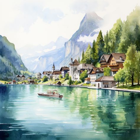 Swiss Alps Painting, Watercolor Switzerland, Buildings Painting, Blausee Switzerland, Switzerland Painting, Lauterbrunnen Switzerland, Bullet Art, Indian Wall Art, Urban Painting