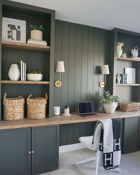 Explore Top 23 Home Office Paint Colors 2024 for Stylish Workspaces - placeideal.com Green Built Ins Living Room, Modern Farmhouse Home Office, Home Office Paint Colors, Home Office Paint, Paint Colors 2024, Farmhouse Home Office, Green Home Offices, Office Paint Colors, Office Paint