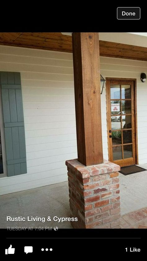 Wood Posts Front Porch, Porch Post Ideas, Porch Beams, Front Porch Posts, Brick Pillars, Front Porch Columns, Brick Porch, Brick Columns, Cedar Posts