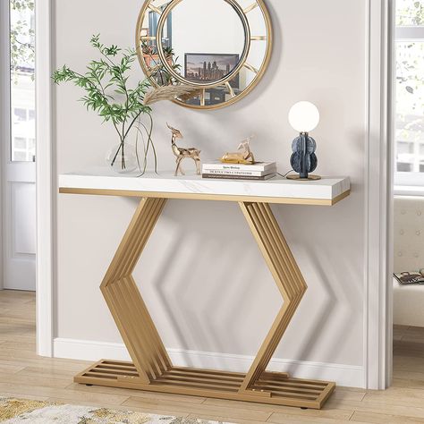 Modern Gold Entrytable, white faux marble narrow entryway, living room, hallway Marble Entryway, Shelves Entryway, Long Entryway, Narrow Entryway Table, Narrow Sofa, Console Table Entryway, Gold Console Table, Rustic Console, Narrow Entryway