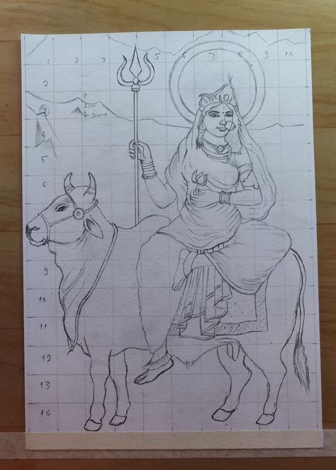 Devi Shailputri, Devi Sketch, Mata Shailputri, Jai Mahadev, Goddess Pictures, God Illustration, God Drawing, Easy Sketches, Bird Paintings On Canvas