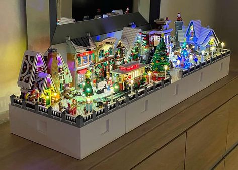 Christmas Lego Display, Lego Holiday Village, Lego Village Ideas, Christmas Lego Village, Lego Winter Village Display, Lego Christmas Village Display, Lego Christmas Sets, Christmas Legos, Christmas Lego