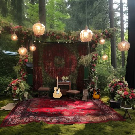 Woodland Stage Design, Woodland Set Design, Outdoor Stage Design Event, Outdoor Stage Design Concert, Enchanted Garden Stage Design, Forest Festival Decoration, Stage Sets Design, Enchanted Forest Set Design, Backyard Concert Ideas