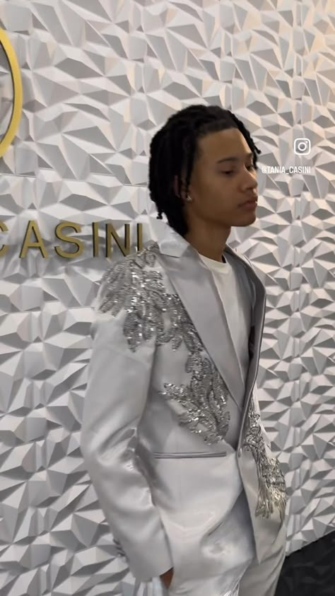 Custom beaded suit #silver #suit #customsuit Prom Suit Designs, Unique Prom Outfits, Silver Prom Suits, Prom Looks For Guys, Prom Suit And Dress, Guys Prom Outfit, White Prom Suit, Embellished Suit