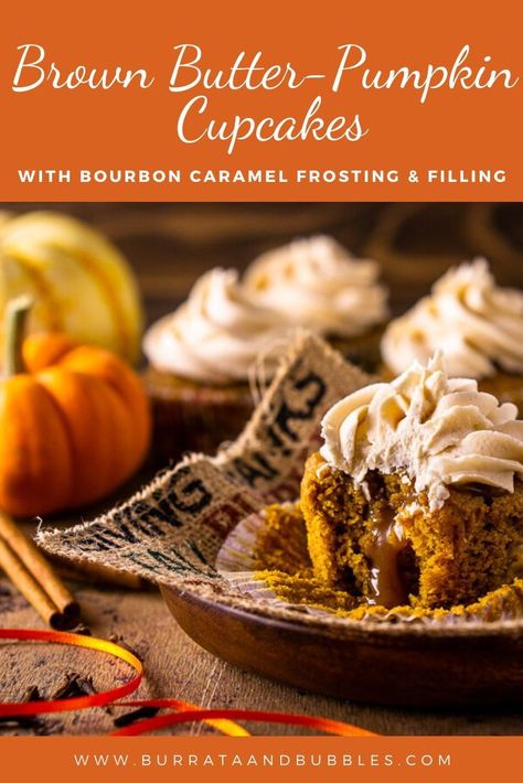 These are the absolute best pumpkin cupcakes! With a bourbon caramel filling and frosting, these brown butter pumpkin cupcakes are loaded with warm pumpkin spice, and you'll find this easy pumpkin cupcake recipe is a breeze to make. #brownbutterpumpkincupcakes #pumpkincupcakes #pumpkincupcakeswithcaramelfrosting #easypumpkincupcakes #pumpkincupcakesrecipes #pumpkincupcakeseasy #brownbuttercakerecipe #bourboncaramelcake #caramelfrosting #pumpkincupcakeswithfilling Brown Butter Cake Recipe, Pumpkin Cupcakes Easy, Best Pumpkin Cupcakes, Pumpkin Cupcake Recipes, Bourbon Caramel, Bourbon Caramels, Pumpkin Cupcake, Caramel Filling, Pumpkin Ale