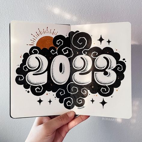 Bujo Cover Page Ideas New Year, Yearly Bullet Journal Ideas, 2024 Bullet Journal Ideas, Bullet Journal Year Cover, Happy New Year Drawing, Journal New Year, New Year Bullet Journal, Bullet Journal 2024, Bullet Journal New Year Page