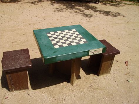 An outdoor chess table : Free Stock Photo Outdoor Chess Table, Painted Game Table, Outdoor Checkers, Checkers Table, Outdoor Chess, Chess Board Table, Scout Projects, Reading Garden, Diy Home Garden