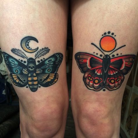 Frost Tattoo, Traditional Butterfly Tattoo, Maching Tattoos, Moth Tattoo Design, Traditional Tattoo Inspiration, Matching Best Friend Tattoos, Bestie Tattoo, Moon Tattoos, Bug Tattoo