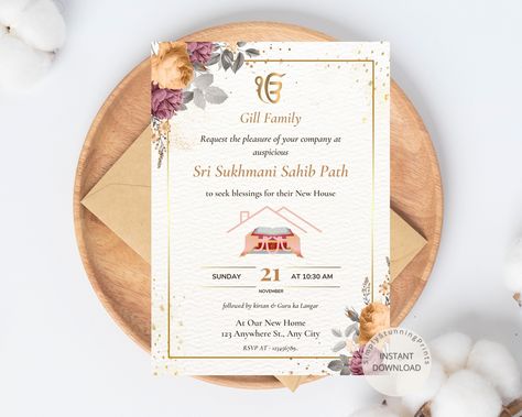 Sukhmani Sahib Path Invitation Card | Sikh House Warming Invitation | Akhand Path Invitation Template | Digital Download Invitation by SimplyStunningPrints on Etsy Akhand Path Invitation Card, Sukhmani Sahib Path Invitation, Path Invitation, House Warming Invitation, House Warming Invitations, Invitation Floral, Invitation Card Design, Editing Tutorials, Print Store