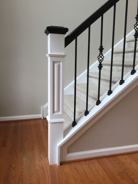 Staircase Rod Iron Spindles, Iron Rod Staircase Railings, Black Banister With Iron Spindles, Rot Iron Staircase Railings, Wrought Iron Balusters, Iron Balusters Stairs, Rod Iron Stair Railing, Stairway Molding, Baluster Ideas