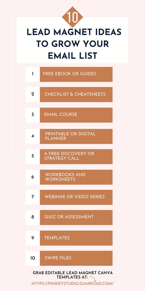 10 Lead magnets ideas for list building. Lead Magnet Ideas, Canva Sales Page Template, Generate Leads, How To Generate Leads, Lead Magnet Template, How To Create An Ebook In Canva, Lead Magnet Design, Business Strategy Management, Lead Generation Marketing