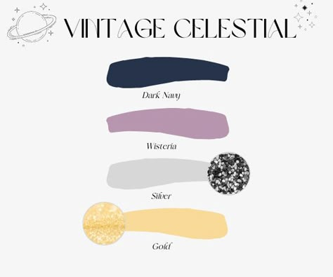 Starry Night Wedding Colors, Celestial Wedding Palette, Celestial Wedding Color Schemes, Evening Wedding Color Palette, Gala Color Palette, Celestial Color Palette Wedding, Celestial Color Scheme, Starry Night Wedding Color Palette, Eclipse Themed Wedding