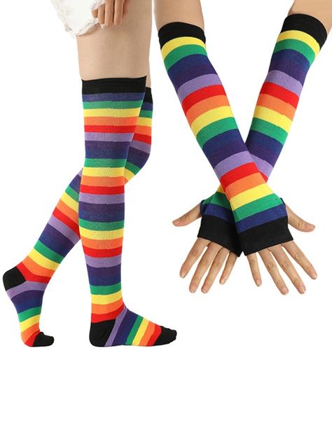 Arm Gloves, Striped Knee High Socks, Rainbow Socks, Costume Gloves, Red Valentine, Knee High Stockings, Summer Sock, Fingerless Mittens, Socks For Women