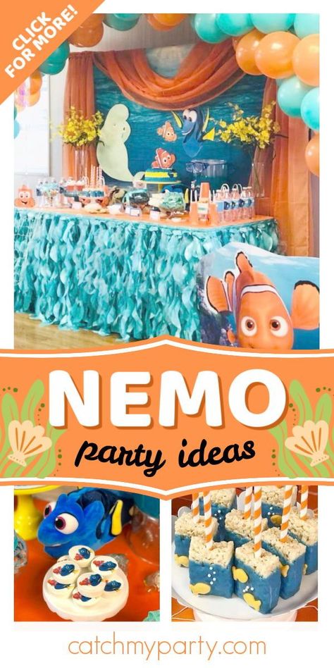 Finding Nemo Pool Party, Nemo Themed Birthday Party Food, Diy Nemo Decorations, Nemo 3rd Birthday Party, Finding Nemo Two Year Old Birthday, Finding Nemo 2nd Birthday Party Ideas, Finding Nemo Birthday Party Ideas Diy, Finding Nemo Table Decorations, Nemo 1st Birthday Party Ideas