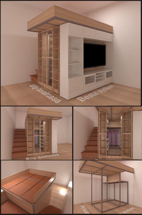 LOFT IDEA6 m2 wardrobebedIBilly bookcaseBesta system  ALGOT shelf systemIkea hack Interior Design Minimalist, Crate Ideas, Milk Crate, Diy Bathroom Furniture, Diy Furniture For Small Spaces, Pallet Furniture Living Room, Diy Apartment Furniture, Small Apartment Design, Furniture Small Spaces