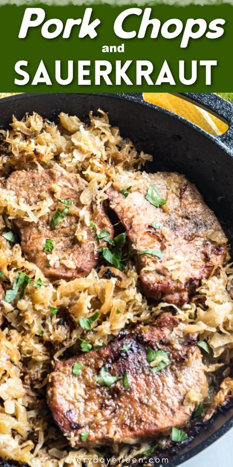 Overhead image of a cast iron pan with boneless pork chops in sauerkraut with Pinterest overlay. Ideas With Pork Chops, Dinner Ideas With Pork, Dinner Ideas With Pork Chops, Pork Chops Sauerkraut, Center Cut Pork Chop Recipes, Pork Chops With Sauerkraut, Oven Roasted Pork Chops, Pressure Cooker Pork Chops, Pork And Sauerkraut Recipe