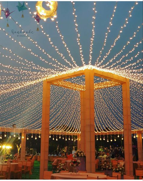 Terrace Decoration For Haldi, Mandap Decor Night, Jaggo Night Decoration, Sangeet Decor At Home, Garba Pandal Decoration, Garba Event Decoration, Garba Ground Decoration, Dandiya Decoration Ideas For School, Sangeeth Decors Outdoor Night