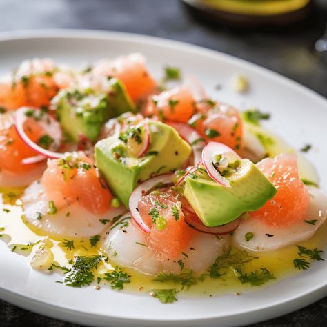 Scallop Crudo with Avocado, Grapefruit, and Lime Vinaigrette Recipe Scallop Amuse Bouche, Scallop Crudo Recipe, Raw Scallops Recipe, Scallops Crudo, Fish Crudo, Crudo Recipe, Scallop Carpaccio, Raw Fish Recipes, Scallop Crudo