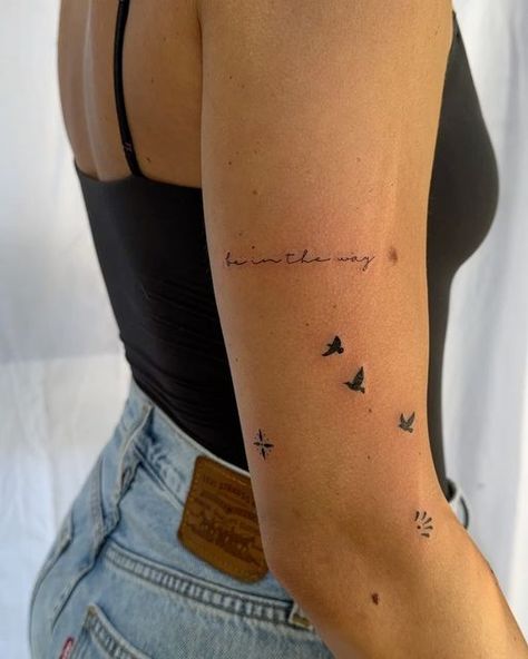 Birds Quotes, Minimalist Lettering, Bird Tattoos Arm, Tattoo Placement Arm, Clavicle Tattoo, Bird Tattoos For Women, Bird Tattoos, Upper Arm Tattoos, Bicep Tattoo