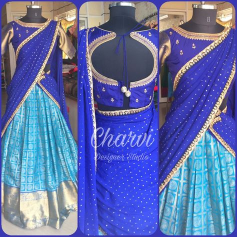 Blue Pattu Lehanga, Fancy Half Sarees, Lehenga Blouse Designs Back, Lehenga Voni, Blue Half Saree, Traditional Half Saree Designs, Silk Lehengas, Lehenga Saree Design, Half Saree Lehenga