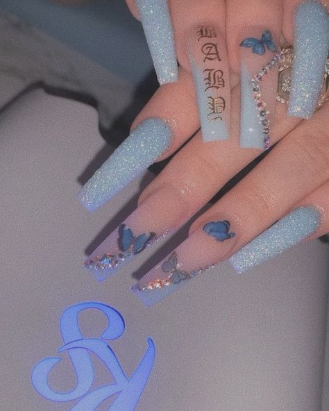 Blue Nails For Quince, Light Blue Nails Butterfly, Nail Ideas For Quinceanera, Light Blue Butterfly Nails, Nails For Quince, Ideas For Quinceanera, Nails For Quinceanera, Butterflies Nails Acrylics, Blue Butterfly Nails