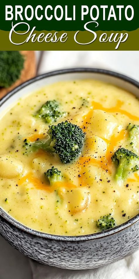 Craving a warm and comforting meal? Try this Broccoli Potato Cheese Soup recipe! Made with fresh broccoli, tender potatoes, and rich, melted cheese, it's the perfect creamy soup for chilly nights. ✨ Try this delicious recipe today and enjoy a bowl of warmth! ✨ 👉 Save this Pin for later, and don't forget to share it with your foodie friends! #BroccoliSoup #CheeseSoup #ComfortFood #SoupRecipes #HealthyDinnerIdeas #EasyMeals Hashbrown Broccoli Cheese Soup, Broccoli And Potato Soup Crockpot, Crockpot Potato Cheese Broccoli Soup, Broccoli Cheese Potato Soup Crockpot, Potatoe Broccoli Cheddar Soup, Broccoli Mac And Cheese Soup, Brocolli Potato Soup Recipes, Potato Bacon Broccoli Soup, Winter Potato Soup