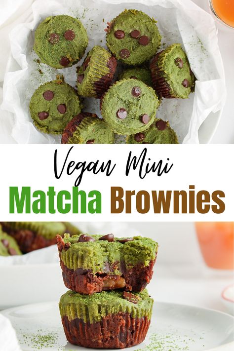 The top picture shows an overhead view on a few mini matcha brownies that are piled in a parchment paper covered plate. You can see the bright green tops on the brownies with a few dark chocolate chips on top as well. The bottom picture shows 2 vegan mini matcha brownies on top of each other. The top matcha brownies has a bite taken off and you can see more mini brownies as well as a cup of tea in the background. Vegan Meals For Kids, Matcha Oatmeal, Creamy Chocolate Dessert, Vegan Dessert Recipe, Matcha Brownies, Meals For Kids, Vegan Chocolate Recipes, Mini Brownies, Matcha Chocolate