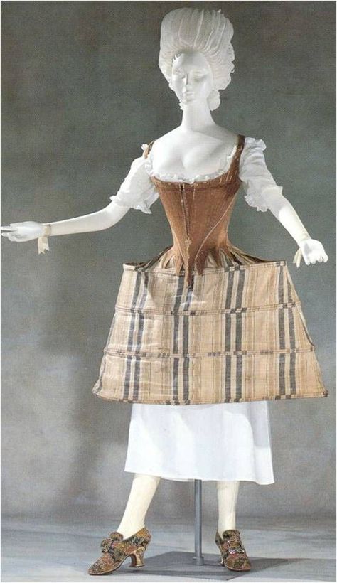 Pannier, 18th century; with corset and chemise. Note the shoes put on the model. 18th Century Skirt, 1770s Fashion, 18th Century Stays, Rococo Dress, 18th Century Women, Fashion Timeline, 18th Century Dress, Rococo Fashion, 18th Century Clothing