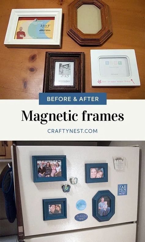 Small, mismatched picture frames collected from thrift stores are perfect for turning into a matching set of magnetic refrigerator frames. Picture Frame Crafts, Magnet Crafts, Sorry For The Inconvenience, Magnetic Frames, Diy Picture Frames, Wooden Picture Frames, Wooden Picture, Small Pictures, Frame Crafts