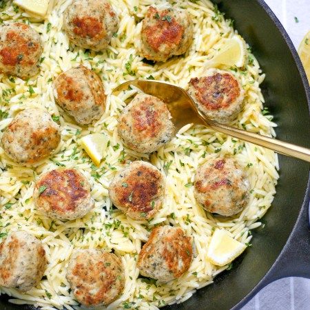 Easy Greek Chicken Meatballs with Lemon Orzo - Braes Bites Greek Chicken Meatballs, Greek Meatballs Recipe, Easy Greek Chicken, Dry Spices, Mediterranean Recipes Healthy, Greek Meatballs, Lemon Orzo, How To Cook Orzo, Meatball Recipes Easy