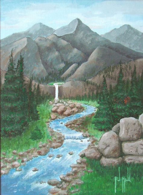 (13) Mountain Waterfall, 16x12, $75. Landscape on canvas board, a one-day painting for using in Art Handbook. Mountain With Waterfall Drawing, Mountain With River Drawing, Hill Drawing Landscape, Mountain Waterfall Drawing, Mountain Landscape Drawing, River Drawing, Waterfall Drawing, Town Drawing, Hill Landscape