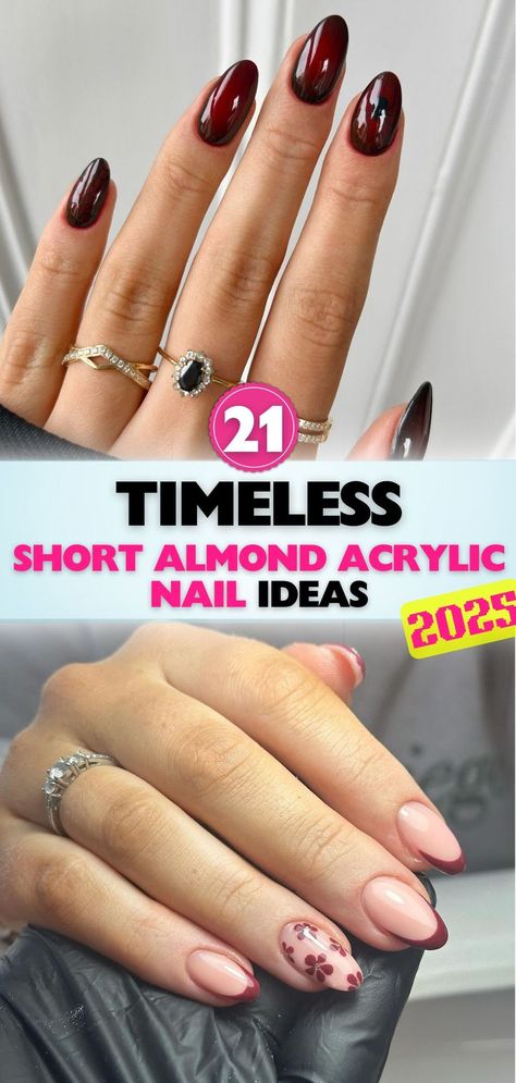 Browse elegant short almond acrylic nail ideas that combine elegance with simplicity. Each design is carefully crafted for a sophisticated and chic appearance. Almond Shaped Nail Designs Classy, Engagement Nails Short Almond, Short Almond Nails Holiday, Short Almond Shape Nail Ideas, Neutral Short Almond Nails, French Tip Almond Shape Nails, Almond Short Acrylic Nails, Nails Acrylic Short Almond, Nail Art Designs Almond Shape