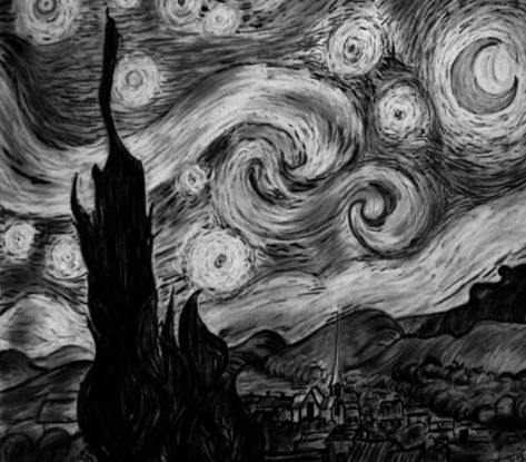 Starry Night Black And White, Starry Night Drawing, Van Gogh Tattoo, Night Black And White, Van Gogh Drawings, Starry Night Canvas, Vincent Van Gogh Starry Night, Night Drawing, Vincent Van Gogh Paintings