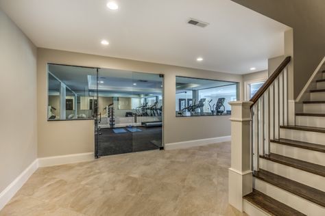 Basement Gym Door Ideas, Home Gym In Living Room, Gym In Living Room, Basement Gym And Family Room, Basement Trends, Finished Basement Designs, Gym Basement, Home Gym Basement, Basement Designs